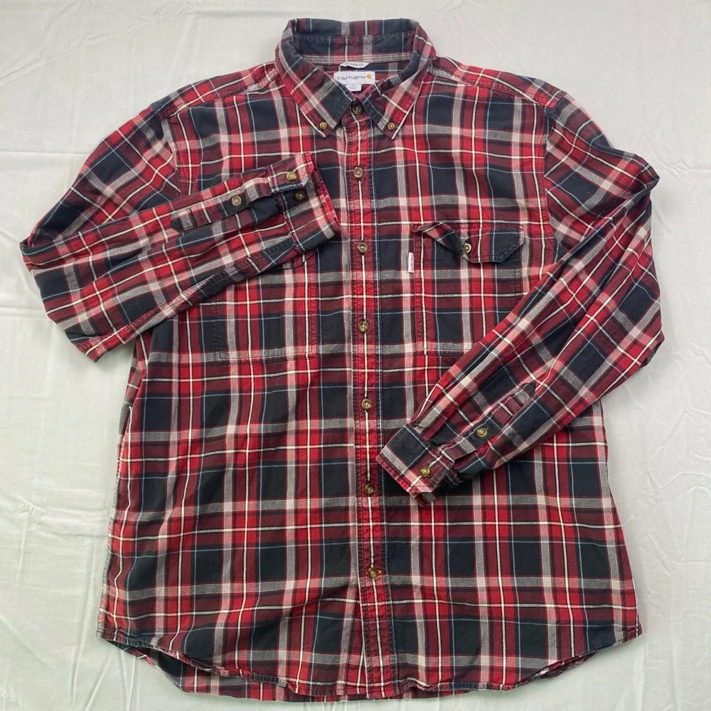 Carhartt Relaxed Fit Plaid Flannel Shirt Mens XL Red Black Rugged Work Pockets‎